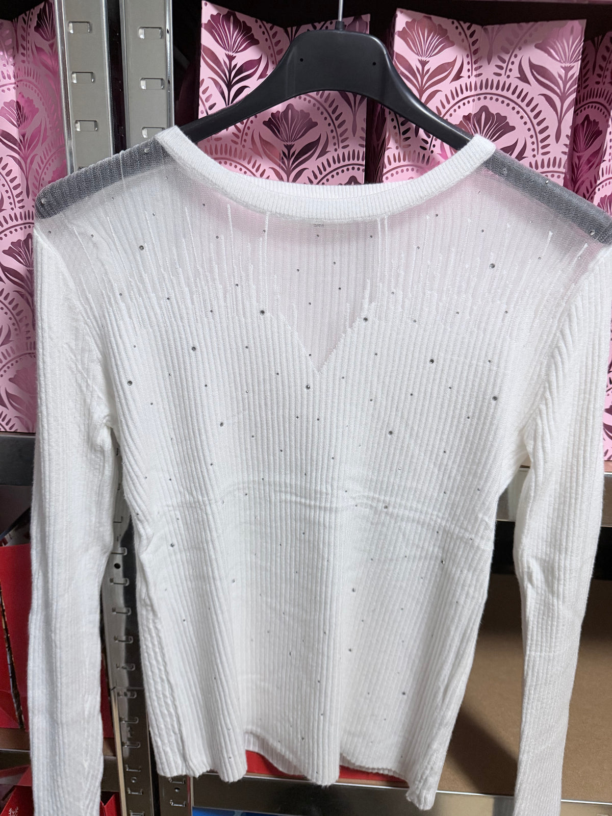 Witte glittertrui met mesh bovenkant S/M